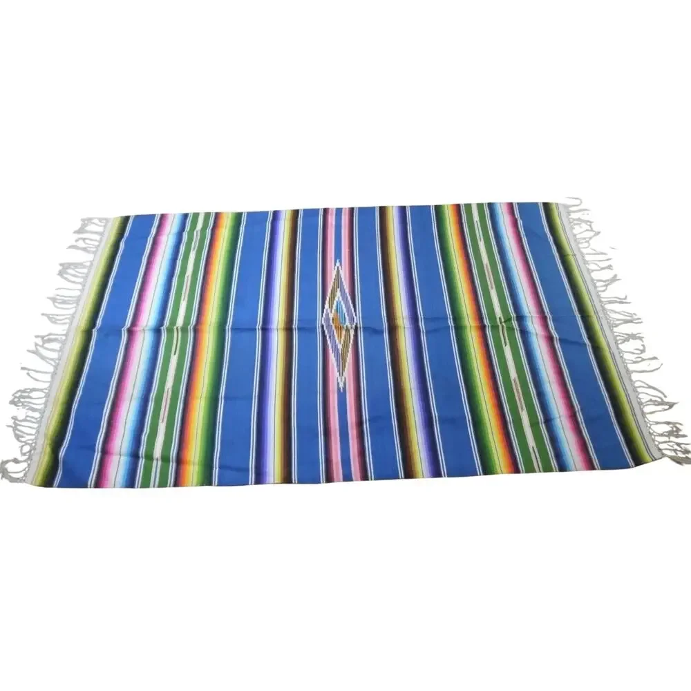 Serape Saltillo Mexican Blue Multi-Color Fringed Striped Blanket 84X49 Vintage